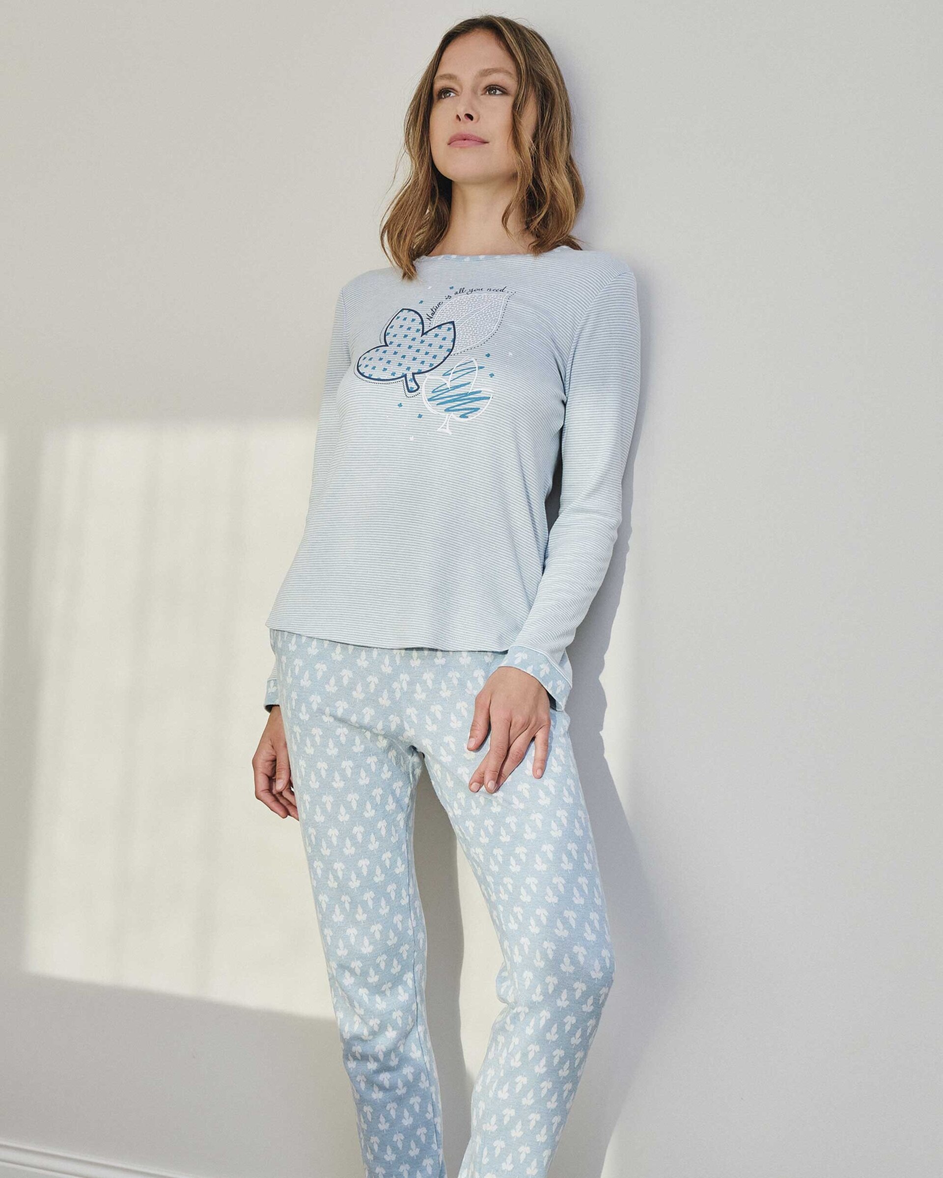 Pijama en tejido de punto listado y estampado - 3